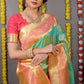 Sea Green Banarasi Silk Saree with Gold Zari Motifs and Pink Contrast Blouse