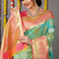 Sea Green Banarasi Silk Saree with Gold Zari Motifs and Pink Contrast Blouse