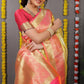 Yellow Banarasi Silk Saree with Gold Zari Work and Pink Border