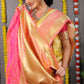 Yellow Banarasi Silk Saree with Gold Zari Work and Pink Border