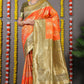 Orange & Olive Green Banarasi Silk Saree with Gold Zari Pallu