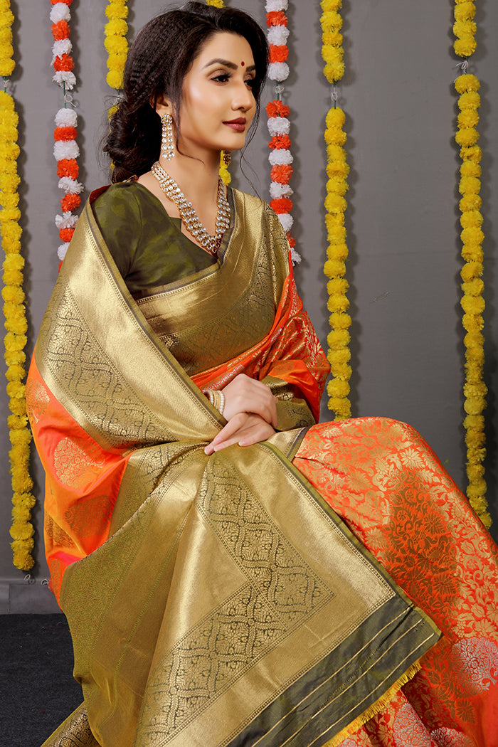 Orange & Olive Green Banarasi Silk Saree with Gold Zari Pallu
