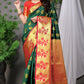 Royal Green Banarasi Silk Saree with Gold Zari & Red Floral Pallu