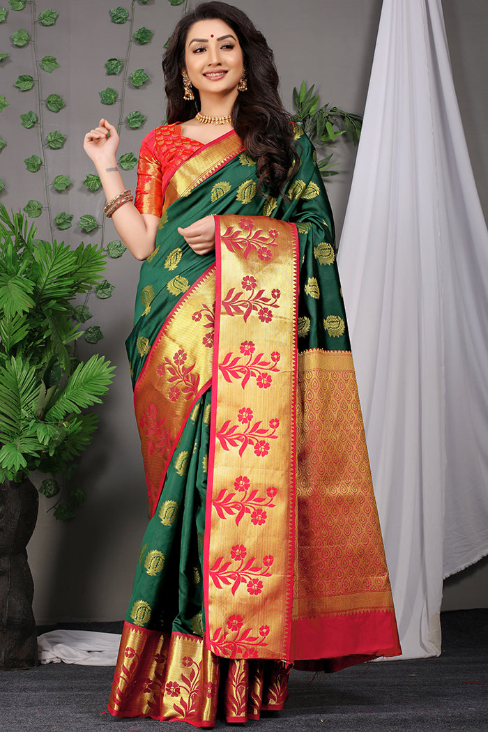 Royal Green Banarasi Silk Saree with Gold Zari & Red Floral Pallu
