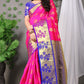 Vibrant Pink Banarasi Silk Saree with Royal Blue Floral Zari Pallu & Gold Motifs