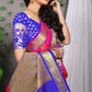 Vibrant Pink Banarasi Silk Saree with Royal Blue Floral Zari Pallu & Gold Motifs