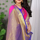 Vibrant Pink Banarasi Silk Saree with Royal Blue Floral Zari Pallu & Gold Motifs