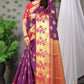 Royal Purple Banarasi Silk Saree with Golden Pallu and Pink Floral Zari Work
