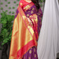 Royal Purple Banarasi Silk Saree with Golden Pallu and Pink Floral Zari Work