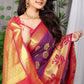 Royal Purple Banarasi Silk Saree with Golden Pallu and Pink Floral Zari Work