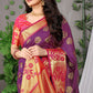 Royal Purple Banarasi Silk Saree with Golden Pallu and Pink Floral Zari Work