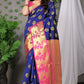 Royal Blue Banarasi Silk Saree with Pink Floral Zari and Golden Pallu