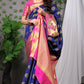 Royal Blue Banarasi Silk Saree with Pink Floral Zari and Golden Pallu