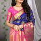 Royal Blue Banarasi Silk Saree with Pink Floral Zari and Golden Pallu