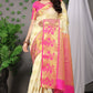 Cream White Banarasi Silk Saree with Pink Floral Zari and Golden Motifs