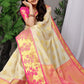Cream White Banarasi Silk Saree with Pink Floral Zari and Golden Motifs