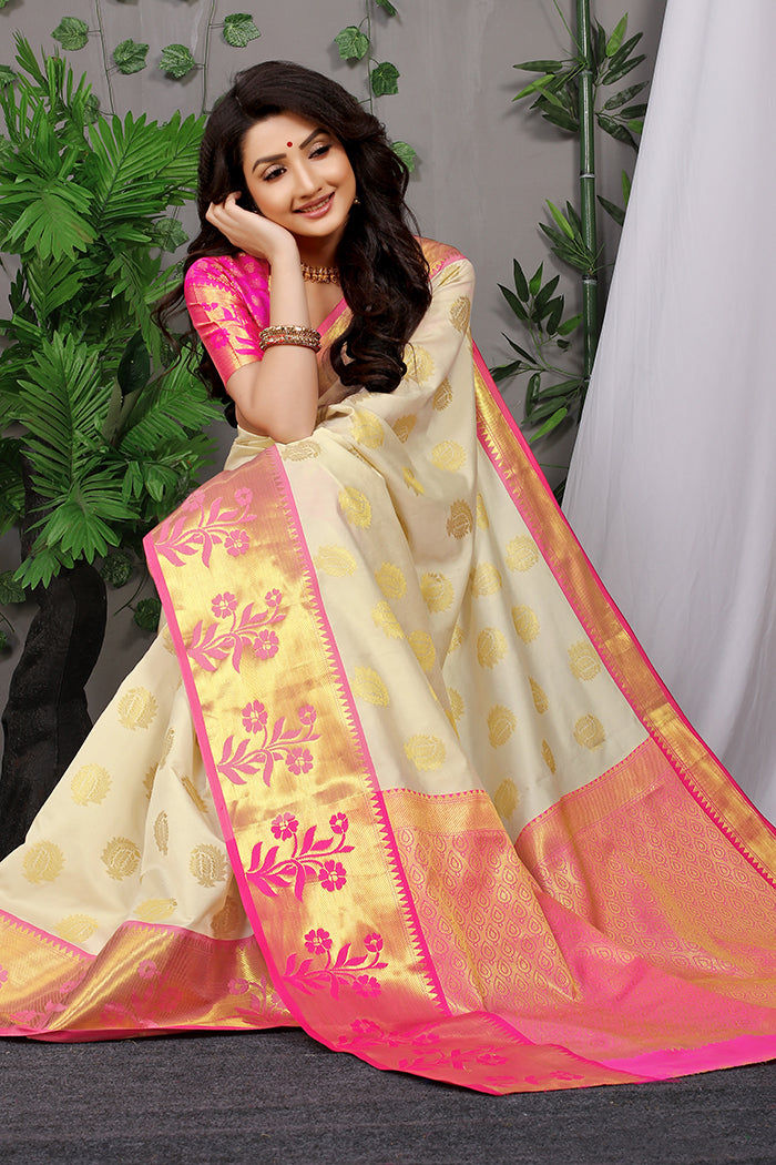 Cream White Banarasi Silk Saree with Pink Floral Zari and Golden Motifs