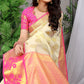 Cream White Banarasi Silk Saree with Pink Floral Zari and Golden Motifs
