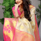 Cream White Banarasi Silk Saree with Pink Floral Zari and Golden Motifs