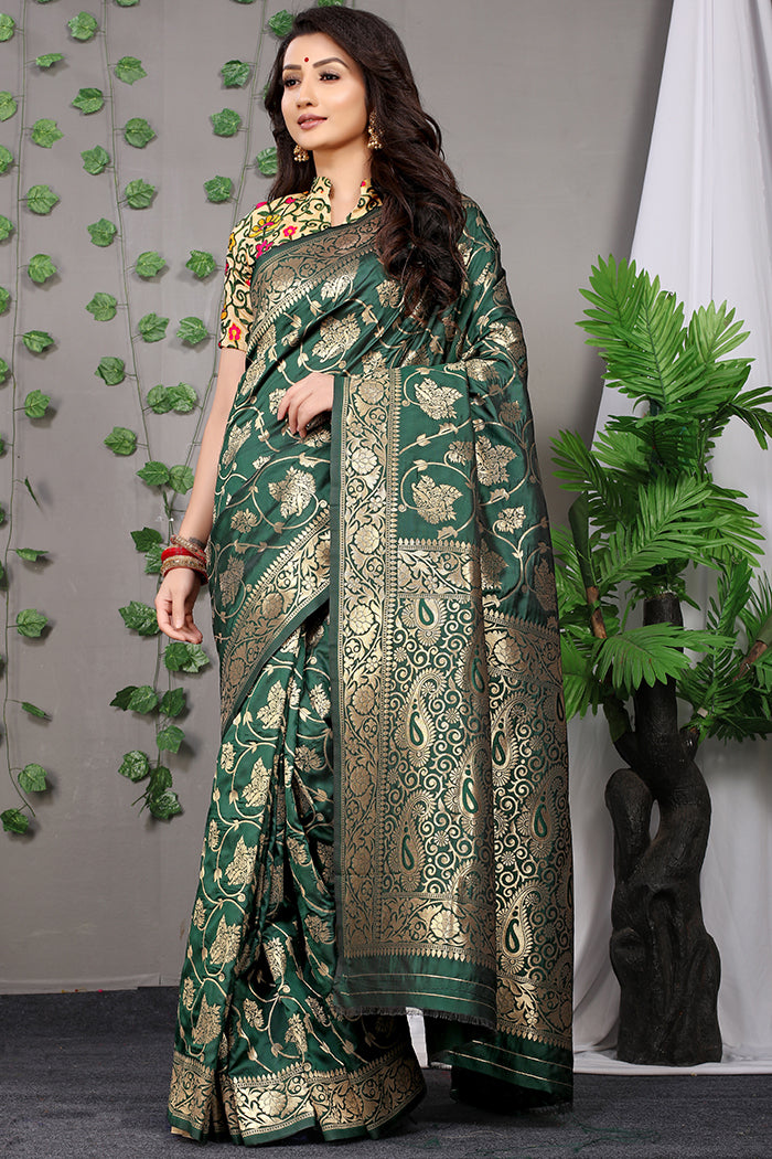 Graceful Dark Green Banarasi Silk Saree with Rich Golden Zari Work