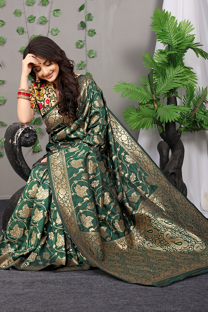 Graceful Dark Green Banarasi Silk Saree with Rich Golden Zari Work