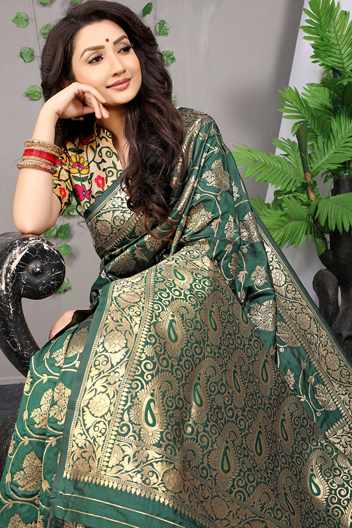 Graceful Dark Green Banarasi Silk Saree with Rich Golden Zari Work