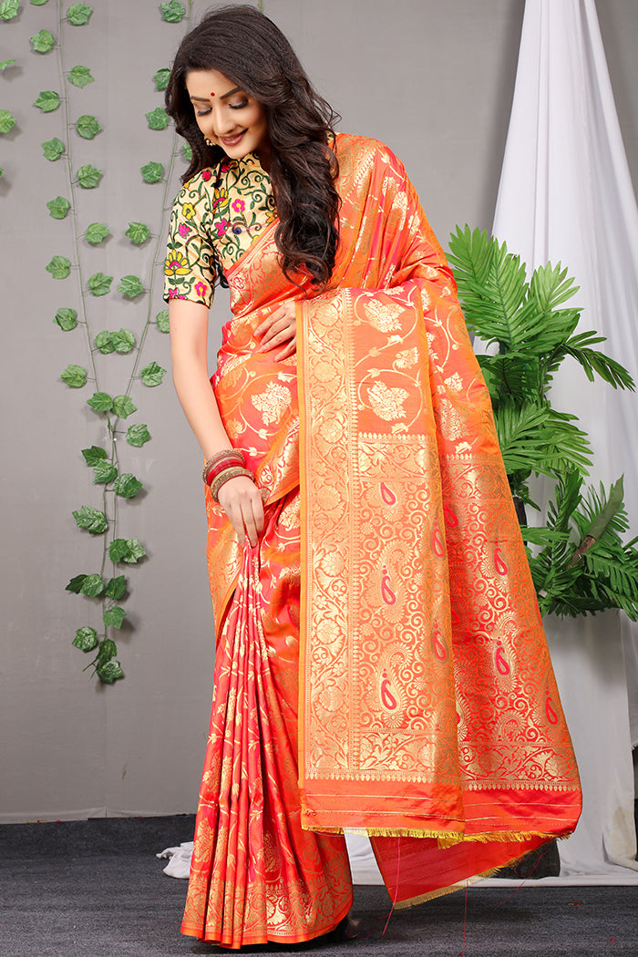 Elegant Orange Banarasi Silk Saree with Golden Zari Weaving