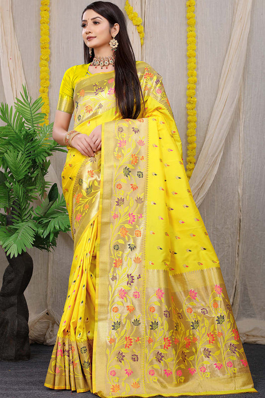 Radiant Yellow Banarasi Silk Saree with Floral Zari Weaving
