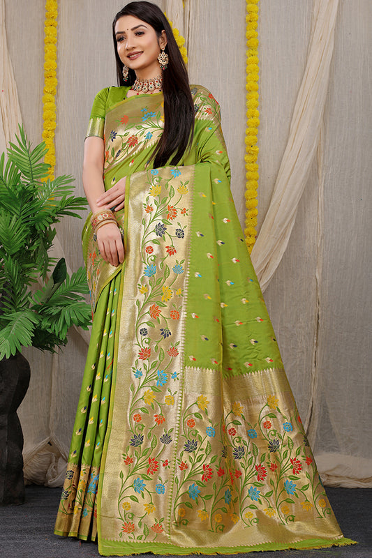 Graceful Green Banarasi Silk Saree with Multicolor Floral Zari Work