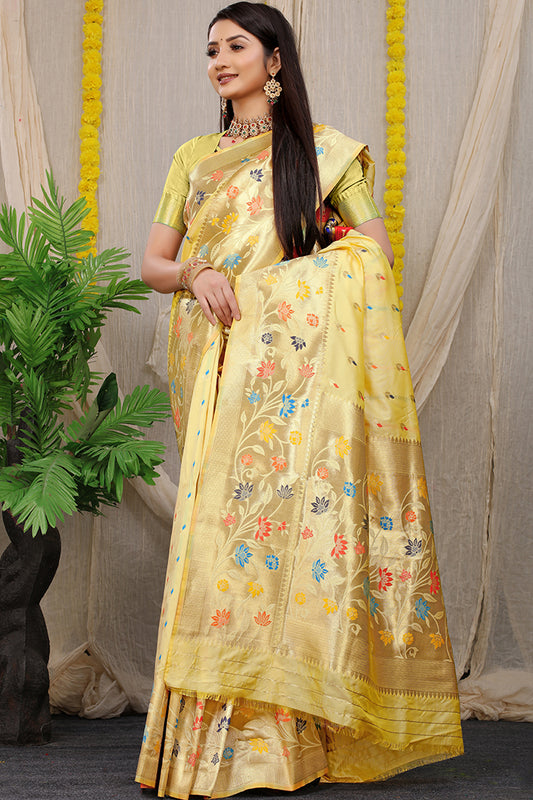 Elegant Pastel Yellow Banarasi Silk Saree with Multicolor Floral Zari Weave