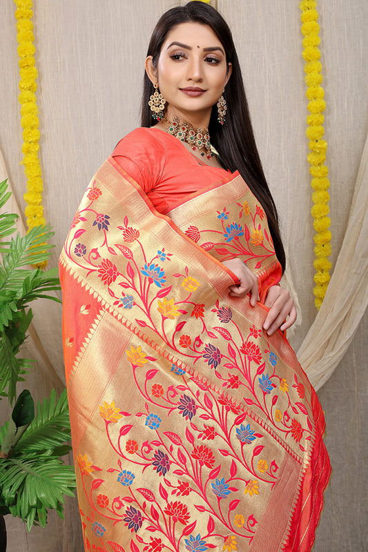 Radiant Coral Orange Banarasi Silk Saree with Multicolor Floral Zari Embroidery