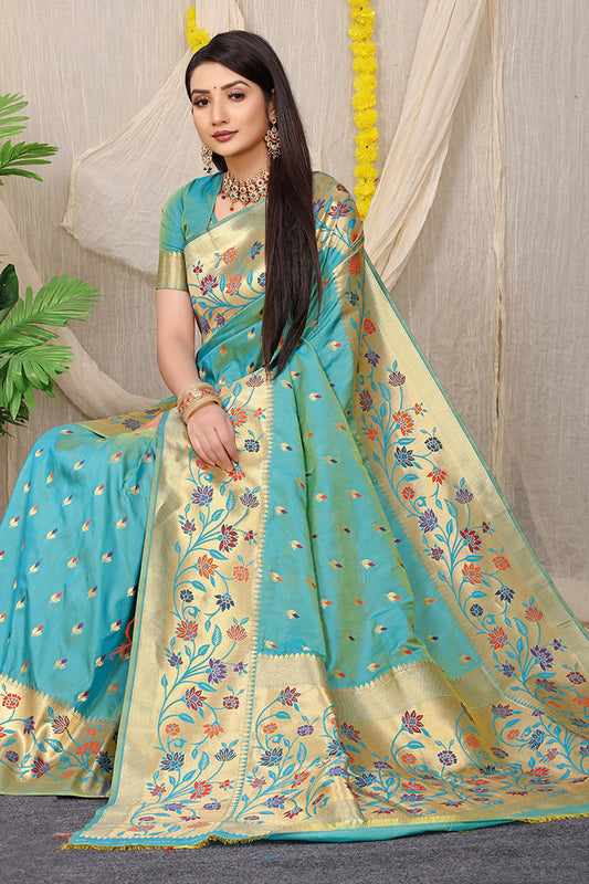 Elegant Turquoise Green Banarasi Silk Saree with Golden Zari Floral Weave