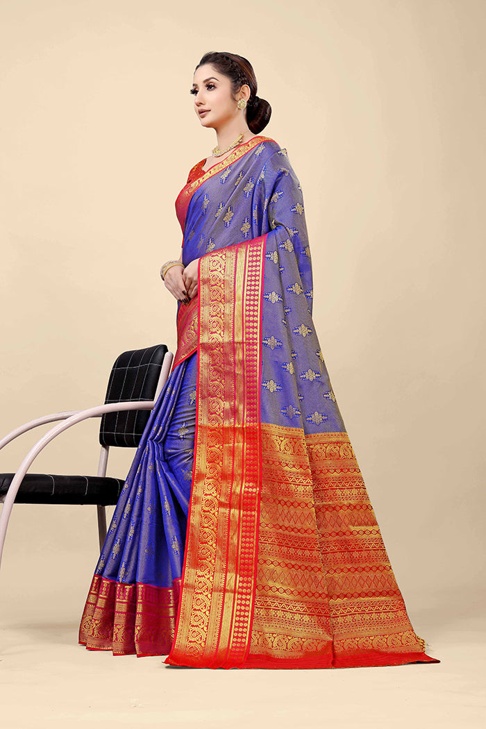 Royal Blue Banarasi Silk Saree with Red Zari Border and Golden Motifs