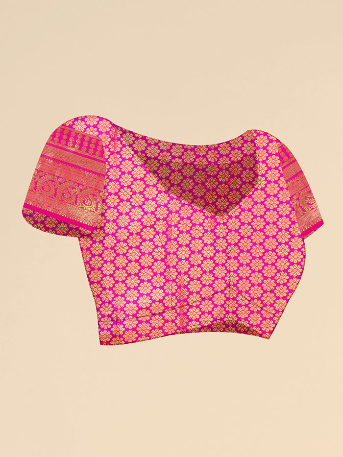 Charcoal Grey Banarasi Silk Saree with Hot Pink Zari Border and Golden Motifs