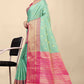 Mint Green Banarasi Silk Saree with Magenta Pink Zari Border and Golden Motifs