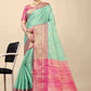 Mint Green Banarasi Silk Saree with Magenta Pink Zari Border and Golden Motifs