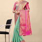 Mint Green Banarasi Silk Saree with Magenta Pink Zari Border and Golden Motifs