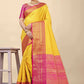 Radiant Yellow Banarasi Silk Saree with Magenta Pink Zari Border and Golden Motifs