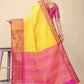 Radiant Yellow Banarasi Silk Saree with Magenta Pink Zari Border and Golden Motifs