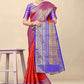 Royal Red & Blue Banarasi Silk Saree with Golden Zari Weaving