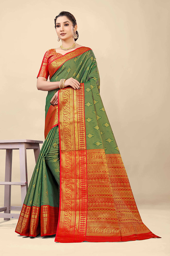 Graceful Green & Red Banarasi Silk Saree with Gold Zari Embellishments