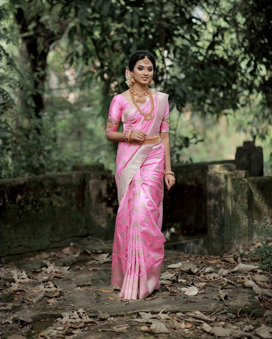 Light Pink Silk Saree Sari With UnStitched Blouse 