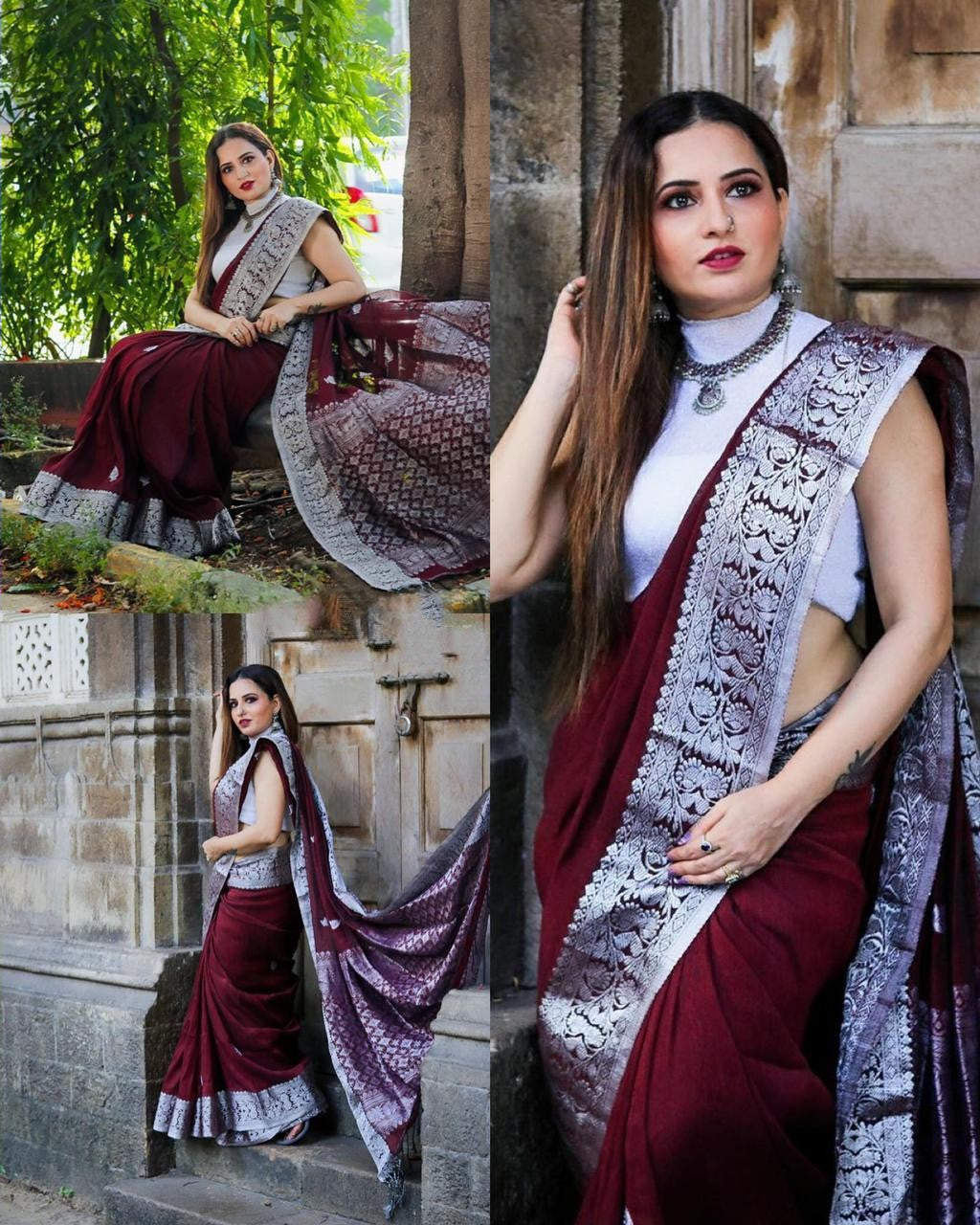 Wine Color Banarasi Silk Saree With Printed Blouse