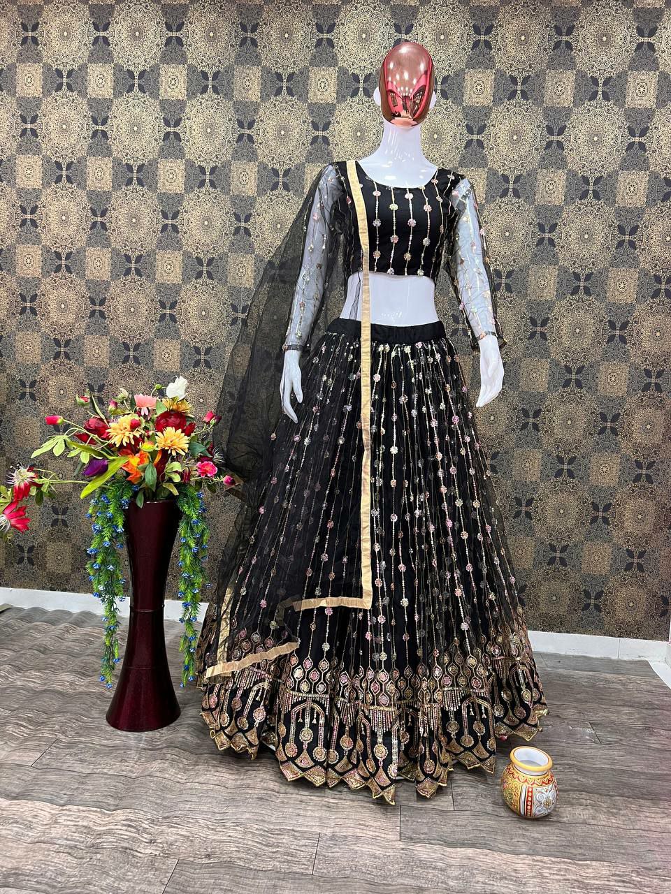 Traditional Black Lehenga Choli With Blouse And Dupatta