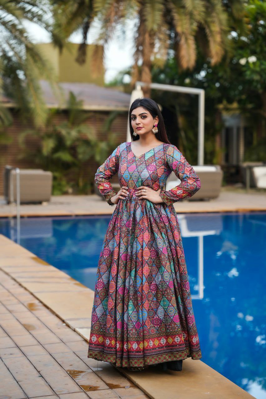 Impressive Multi Color Muslin Anarkali Gown For Women