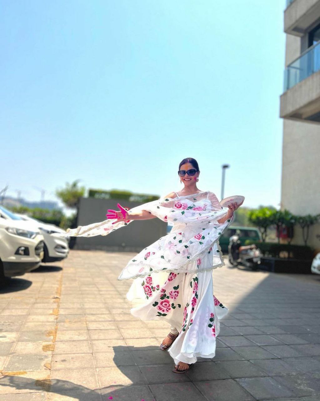 White Designer Floral Gown Pant Dupatta Set