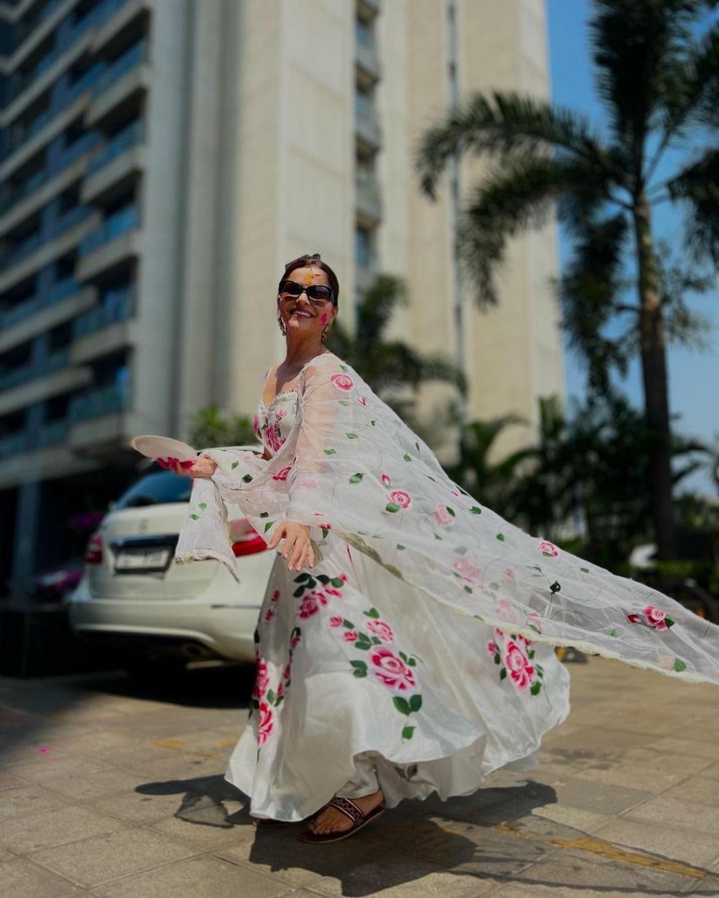 White Designer Floral Gown Pant Dupatta Set