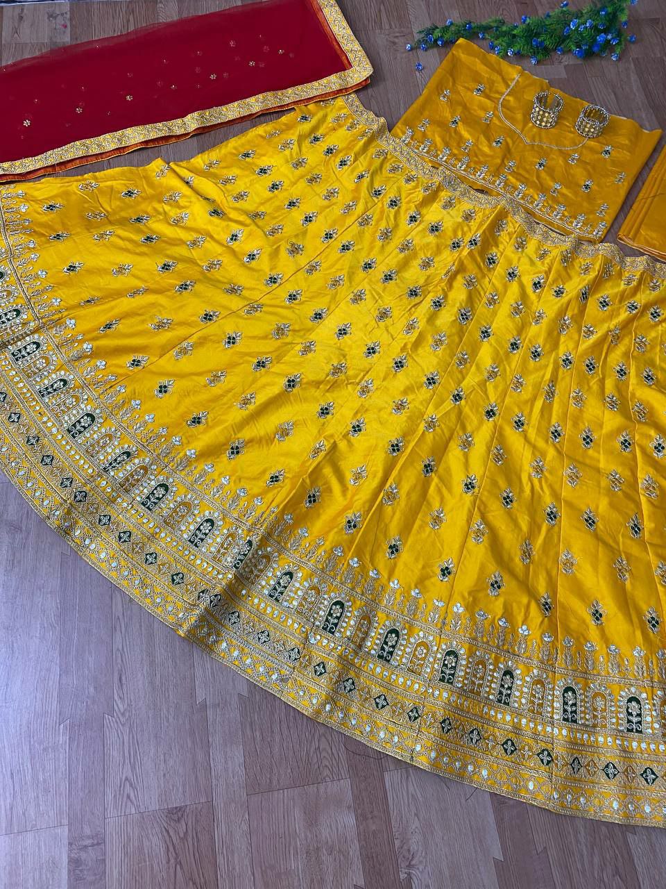 Yellow Indian Lehenga Choli With Red Net Dupatta 