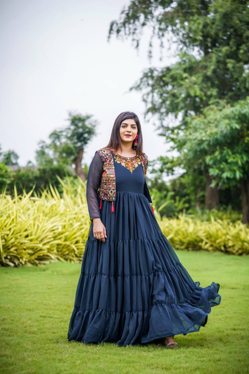 Navy Blue Color Georgette Readymade Gown For Women