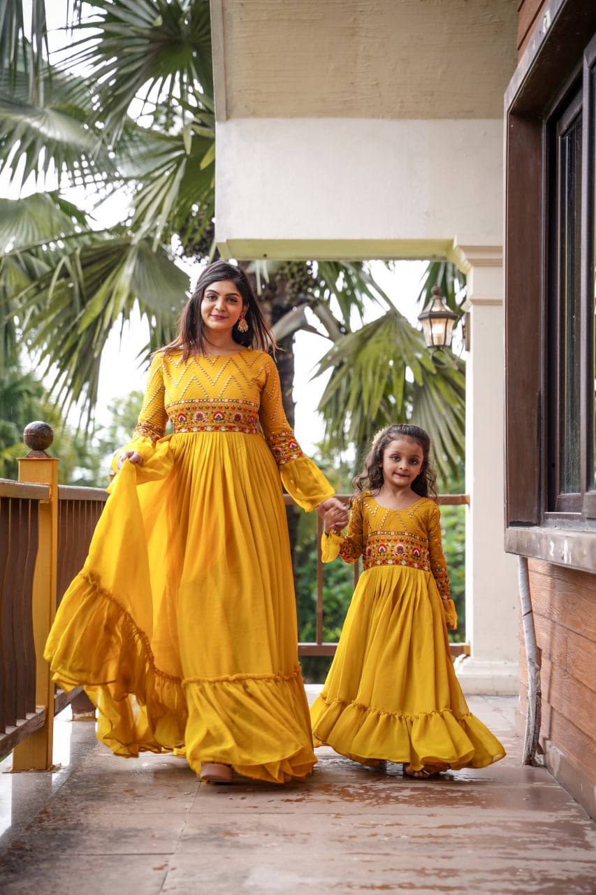Yellow Ethnic Full Flair Gown With Full Sleeve And Dupatta